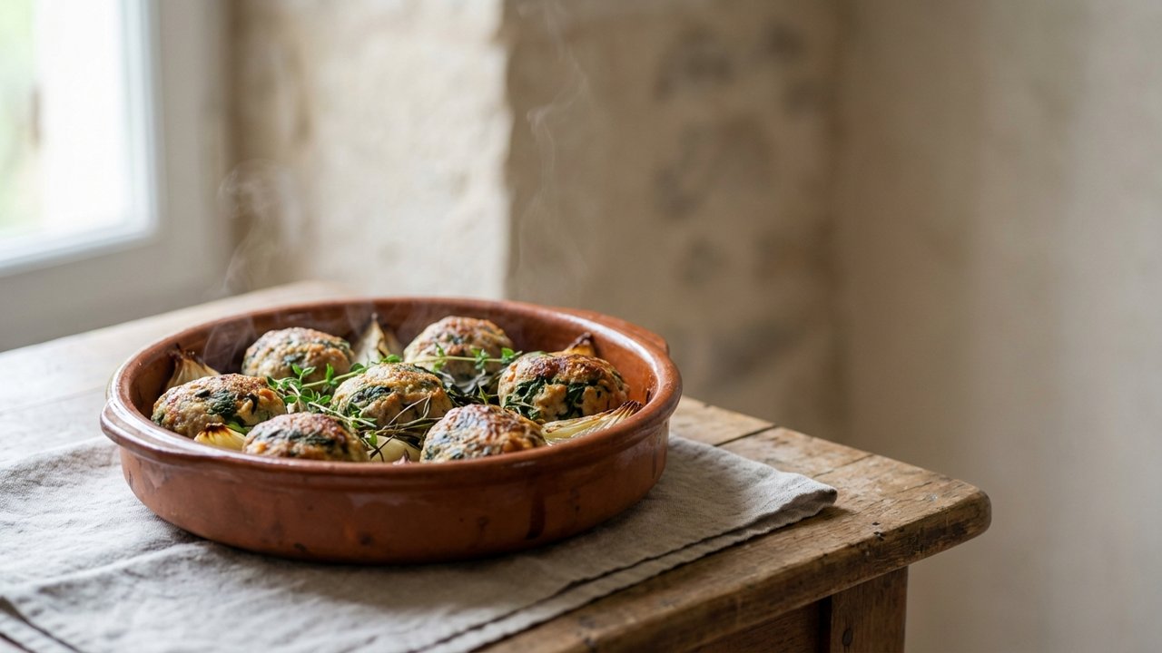 Caillettes dorées cuites au four dans un plat en terre cuite