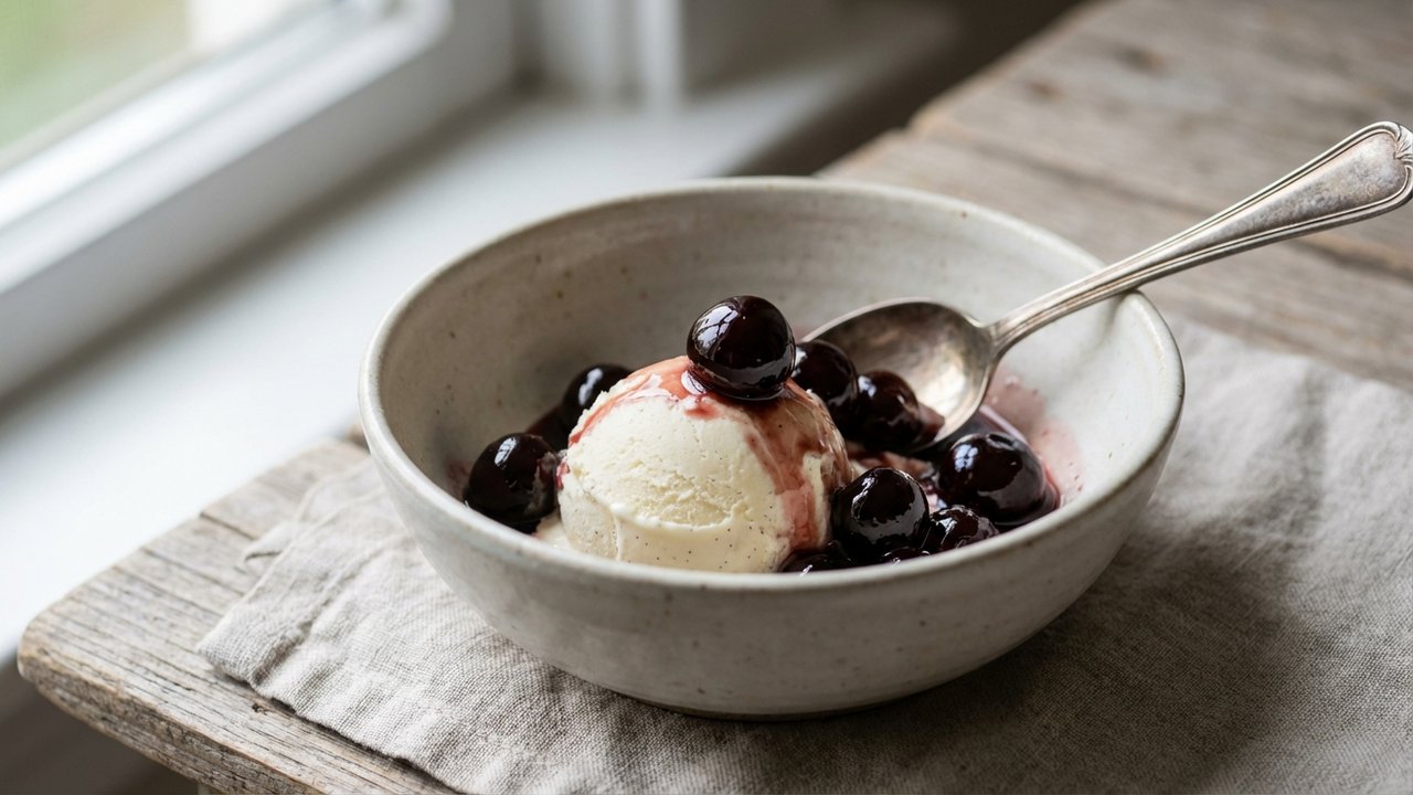Cerises amarena servies sur une glace à la vanille
