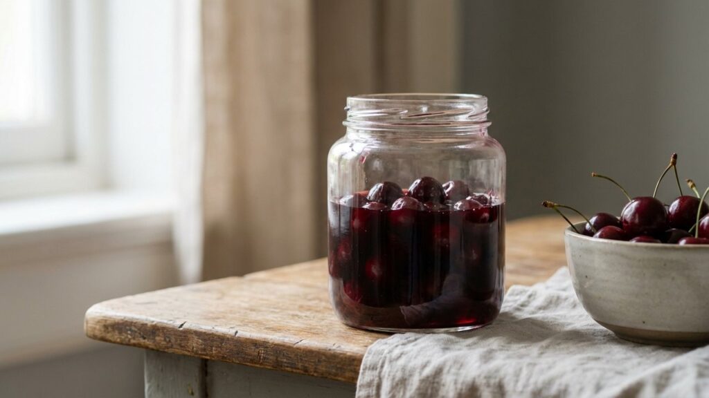 Cerises amarena confites dans un bocal avec sirop