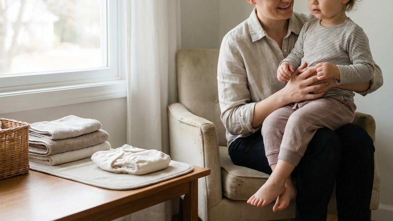 Changement de couche sur les genoux du parent pour rassurer le bébé
