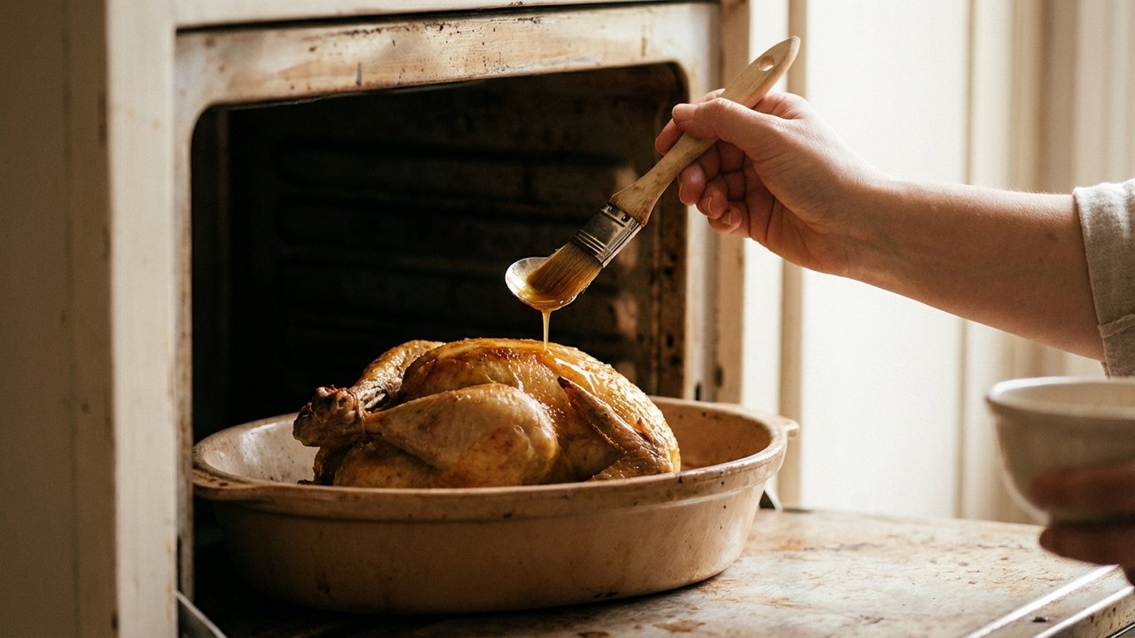 Arrosage d'un chapon farci pendant la cuisson au four