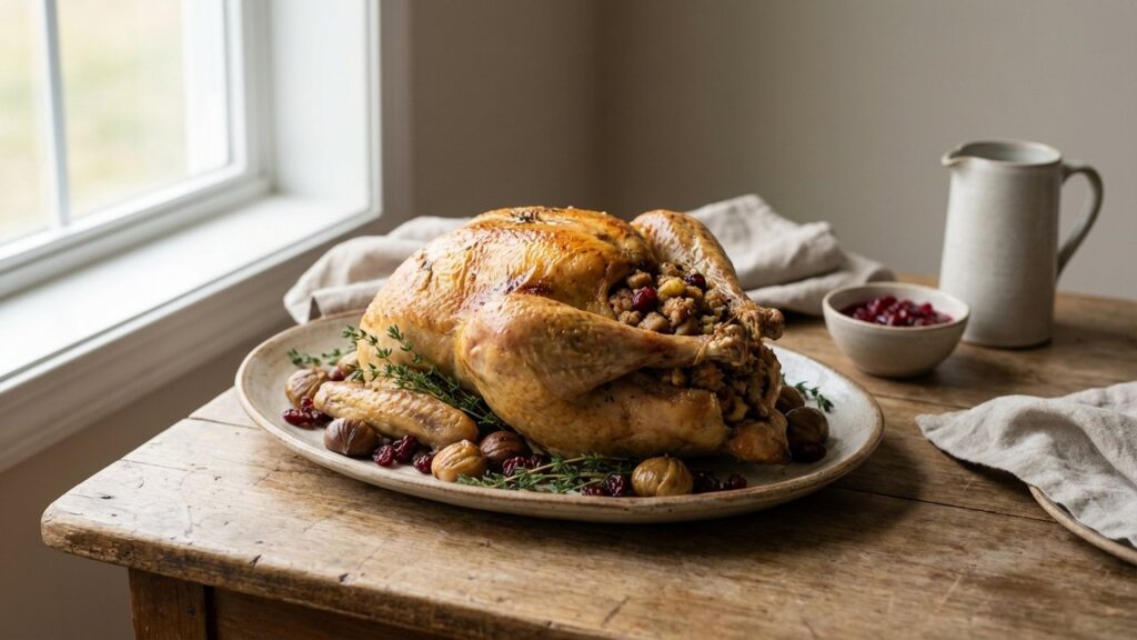 Chapon rôti farci aux marrons prêt à servir