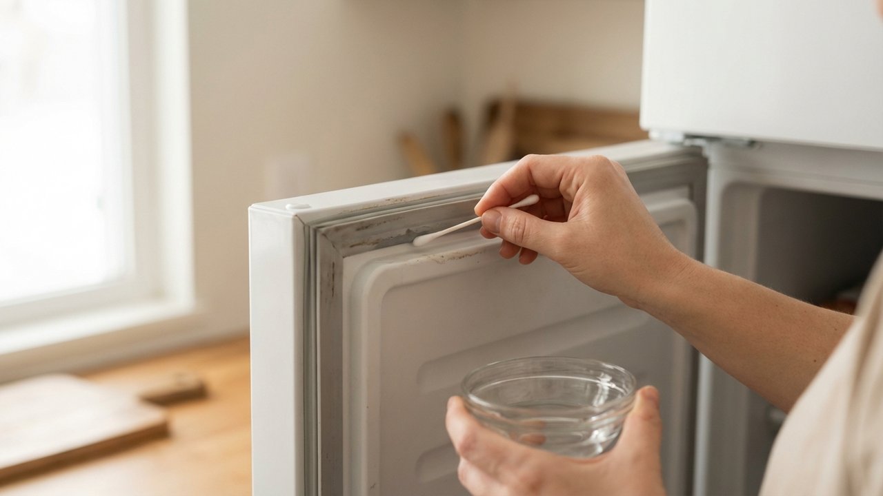 Application de vinaigre blanc sur les replis du joint de congélateur