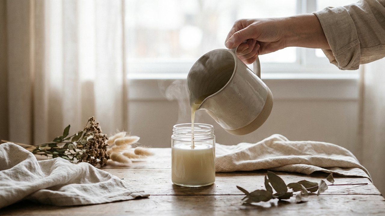 Versement de cire fondue dans un pot avec mèche centrée