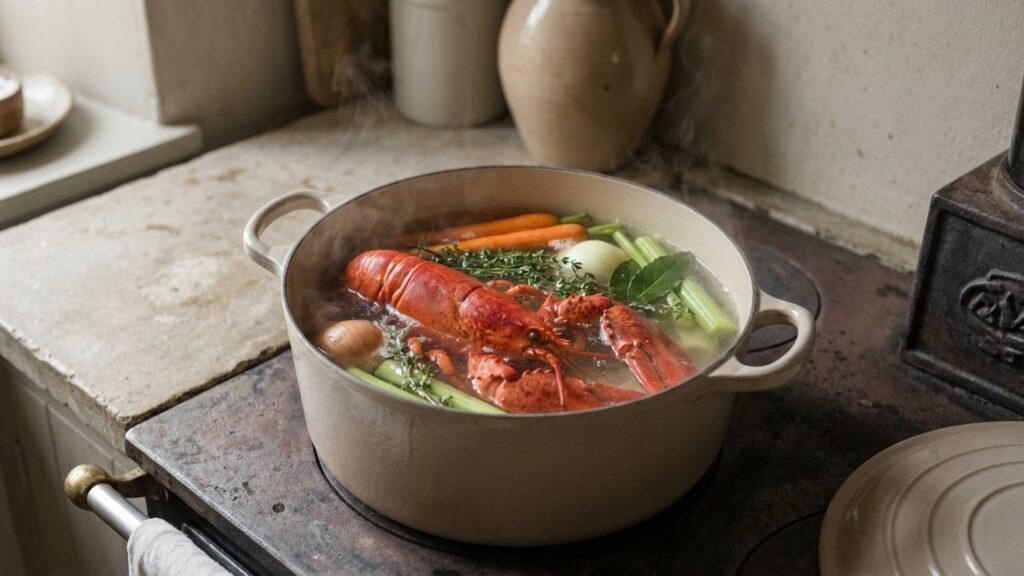 Homard plongé dans un court-bouillon avec légumes et aromates