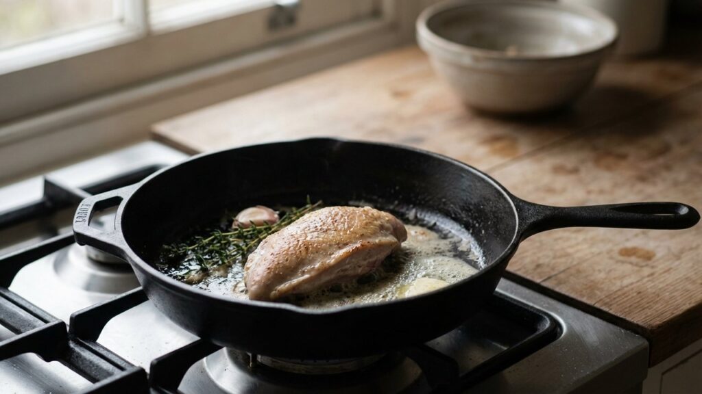 Suprêmes de pintade en train de cuire à la poêle avec du beurre