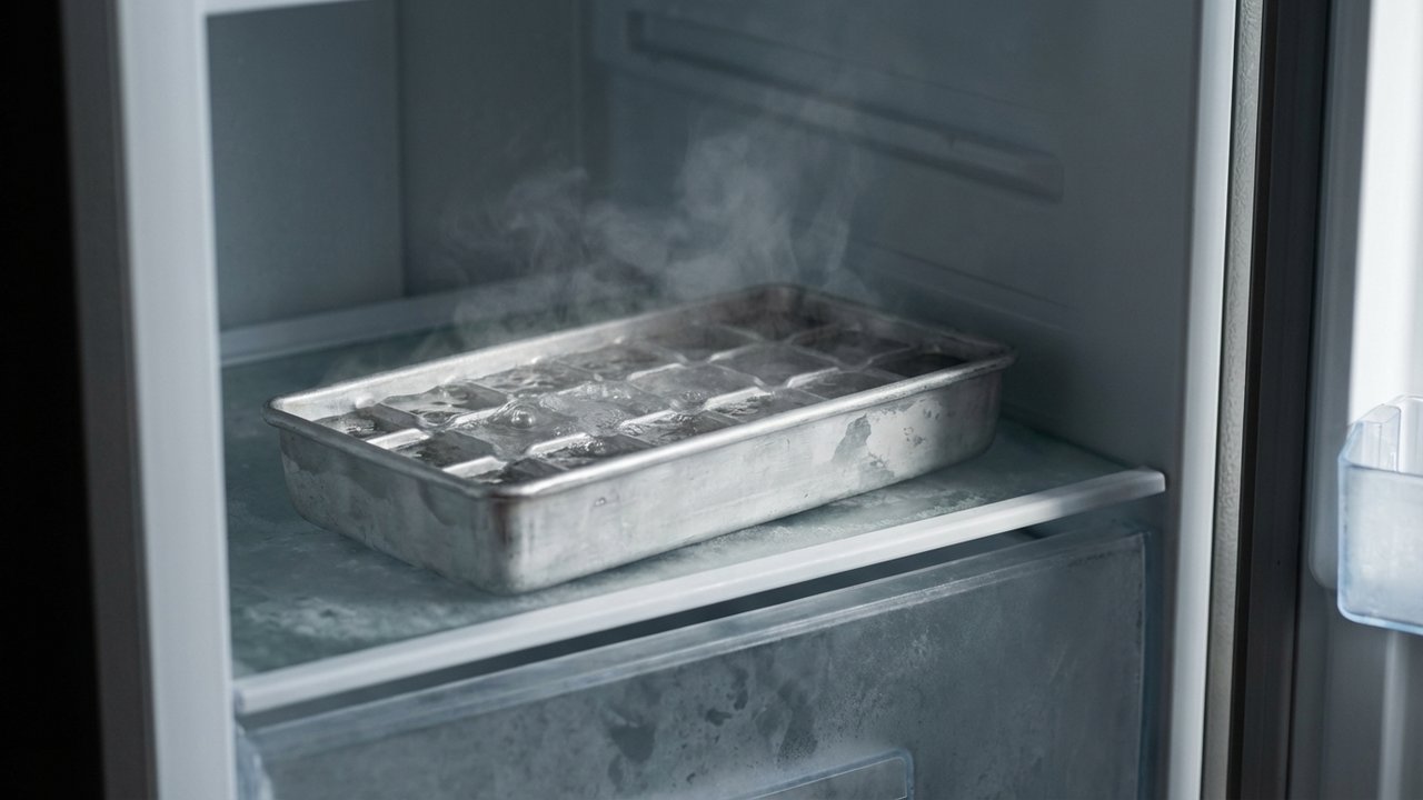 Bac à glaçons en métal rempli d'eau bouillante au congélateur