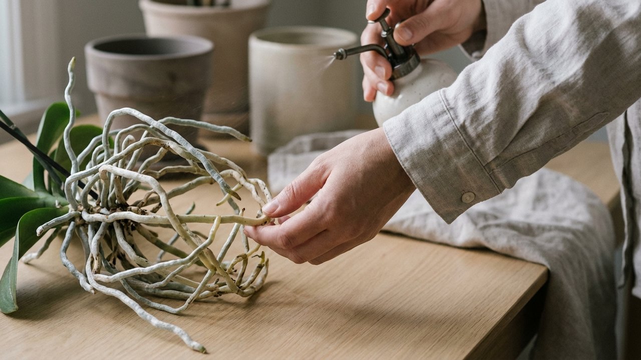 Inspection et entretien des racines et racines aériennes d'une orchidée