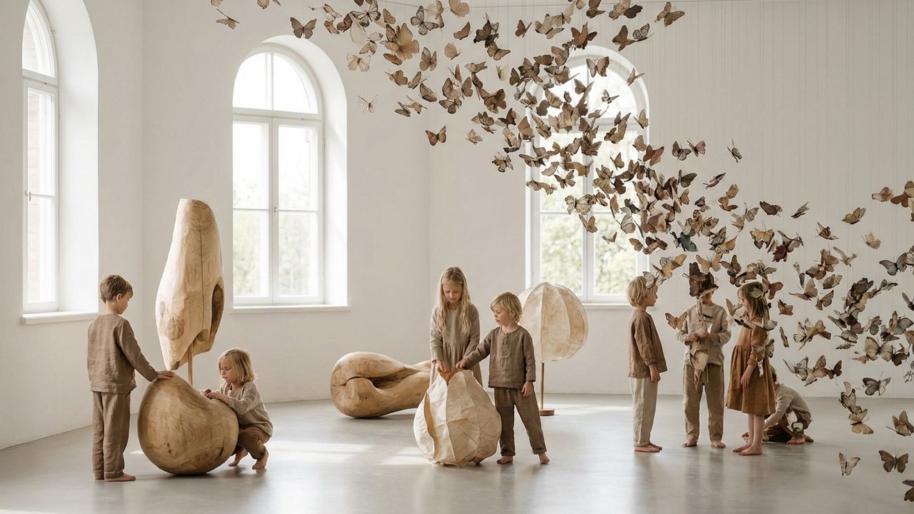 Enfants découvrant l'exposition Forêt paisible avec papillons et sculptures au PARCC