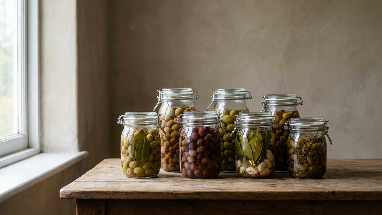 Olives en fermentation dans un bocal avec feuilles de laurier