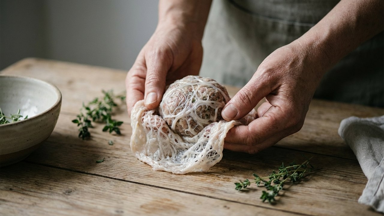 Formation d'une caillette enveloppée dans la crépine de porc