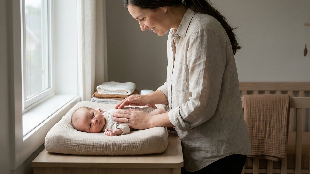 Parent effectuant un change apaisé avec contact doux et voix calme