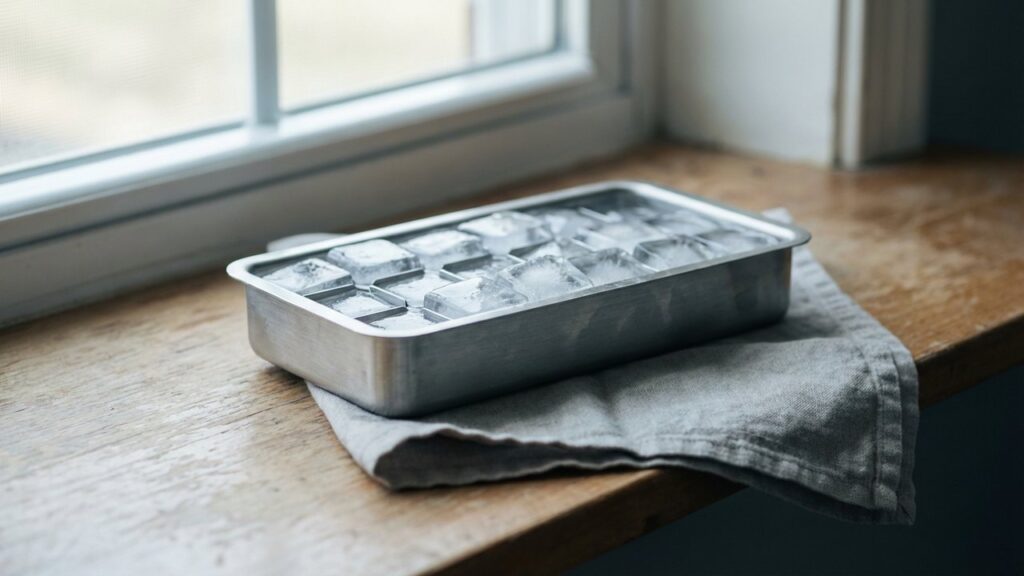 Glaçons dans un bac métallique prêts à être congelés rapidement