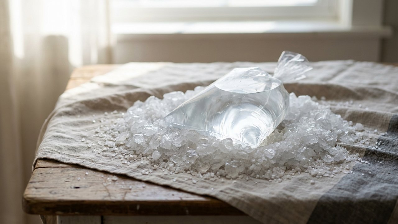 Sachet d'eau dans un mélange de glaçons pilés et gros sel