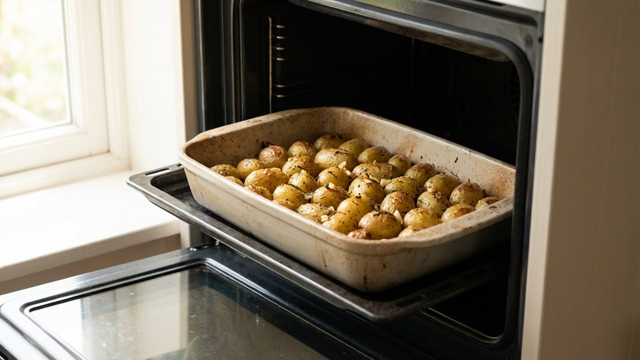 Pommes de terre grenaille en cuisson au four sur une plaque