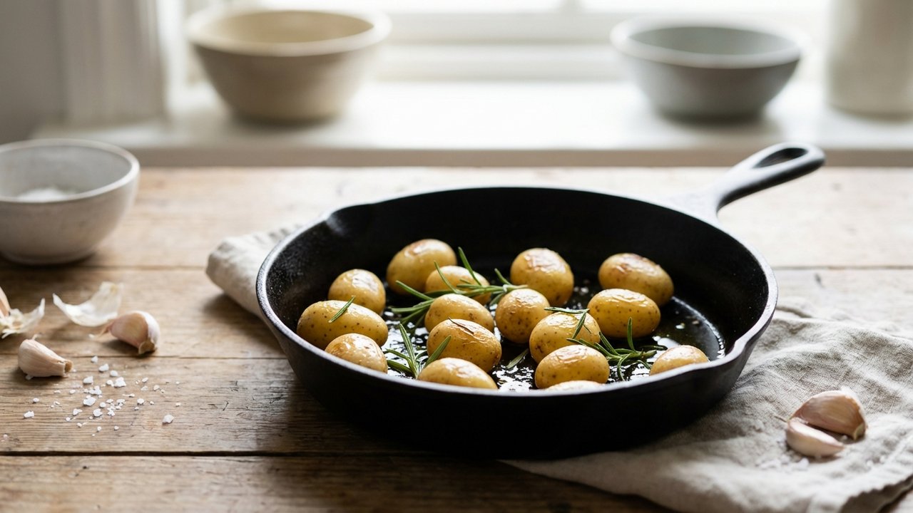 Pommes de terre grenaille dorées à la poêle en fonte avec romarin
