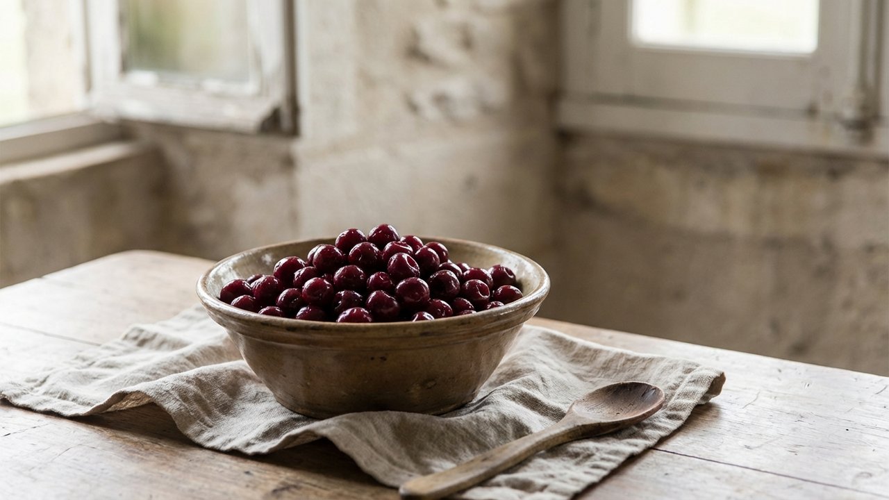 Griottes fraîches dénoyautées prêtes pour la confection d'amarena