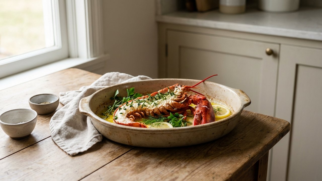 Demi-homard au four préparé avec beurre et ail