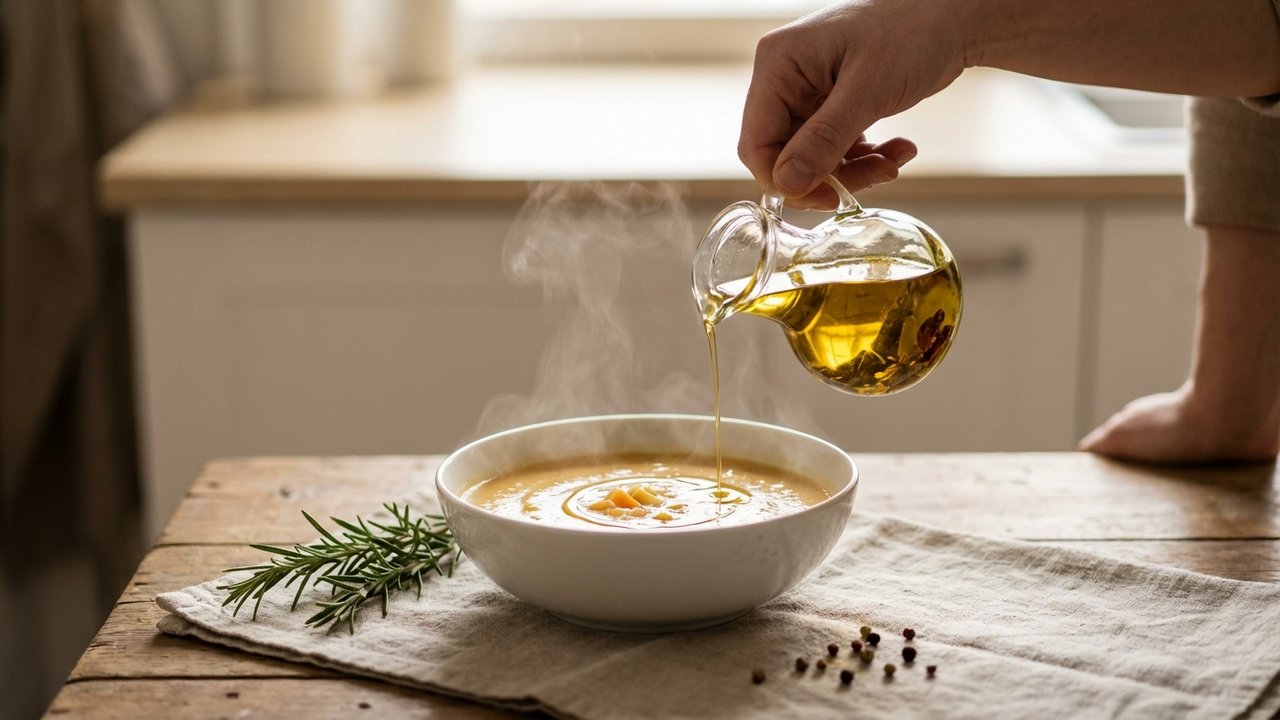 Filet d'huile parfumée versé sur une soupe de légumes veloutée