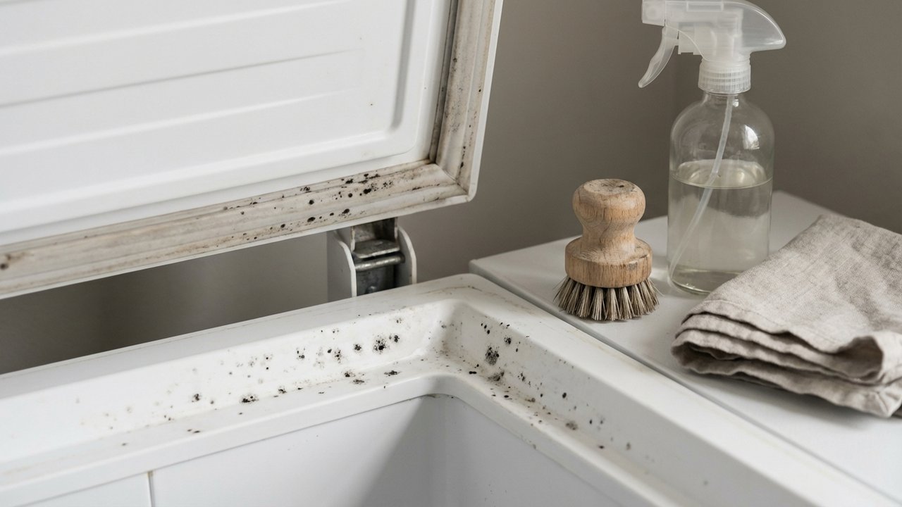 Détail des taches de moisissure sur un joint de congélateur