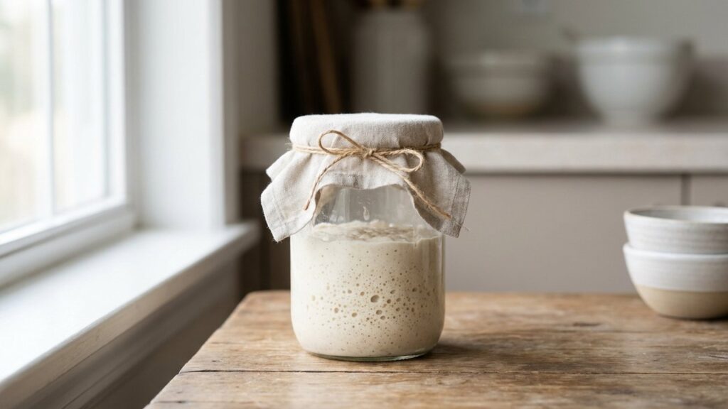 Levain maison actif dans un bocal en verre avec bulles de fermentation