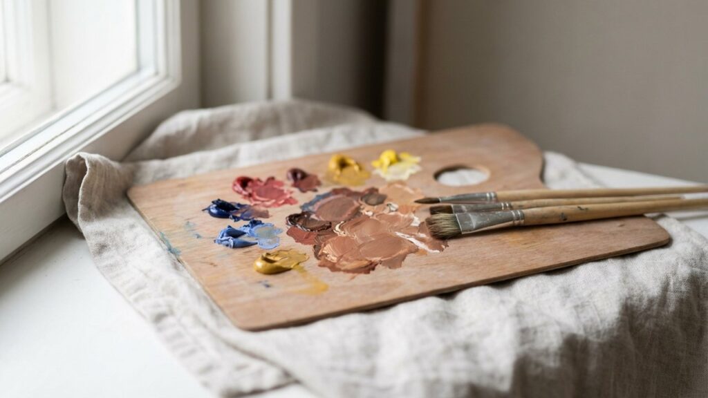 Palette avec du marron obtenu par mélange de couleurs primaires