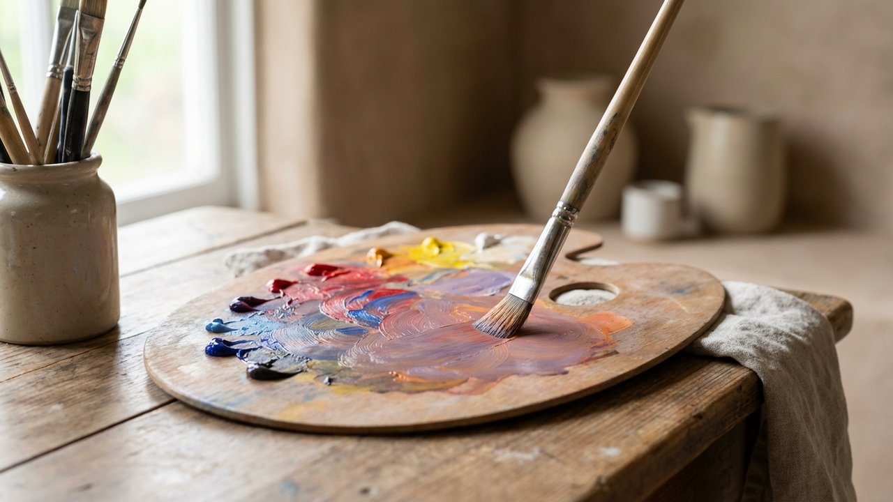 Mélange de peinture rouge, bleu et jaune pour obtenir du marron