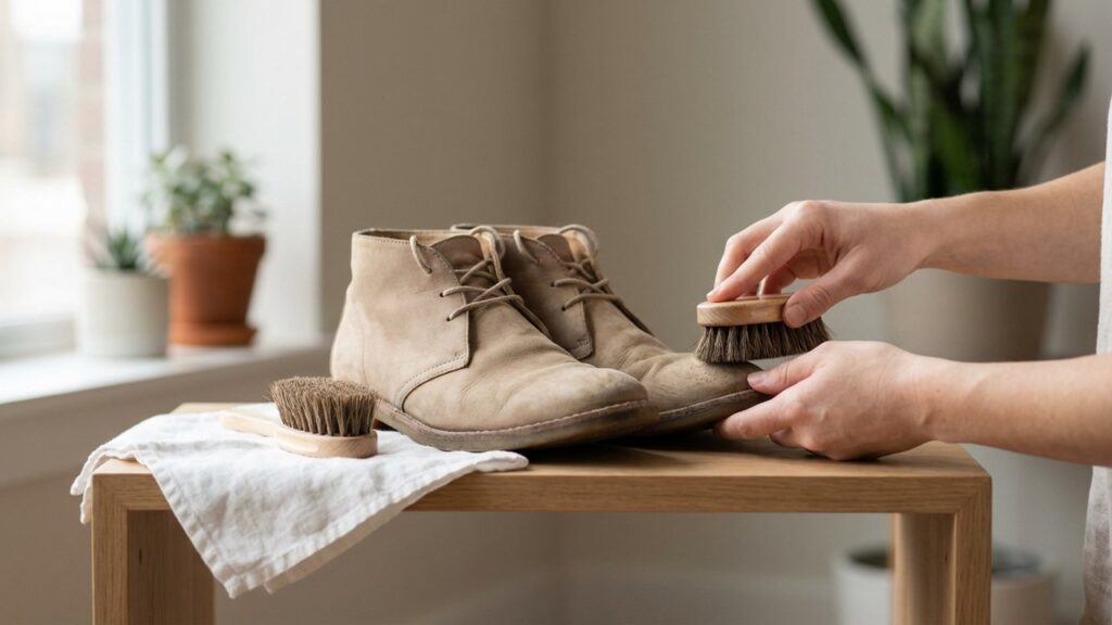 Nettoyage de chaussures en nubuck avec brosse spécialisée