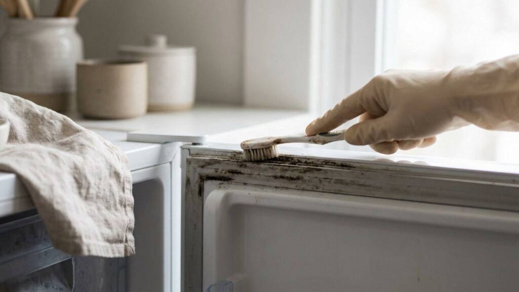 Nettoyage d'un joint de congélateur moisi avec une brosse à dents