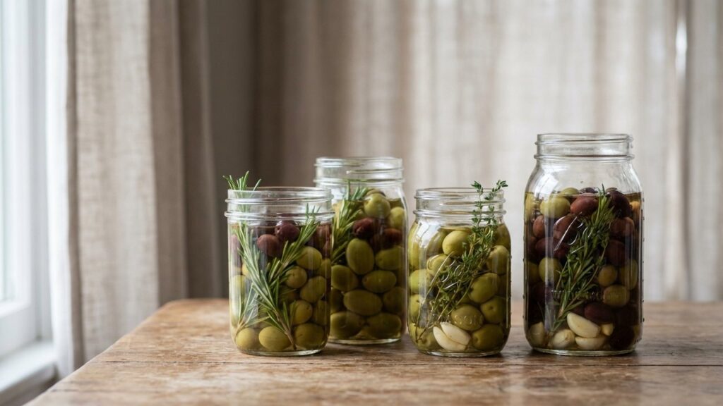 Bocaux d'olives maison en saumure avec aromates