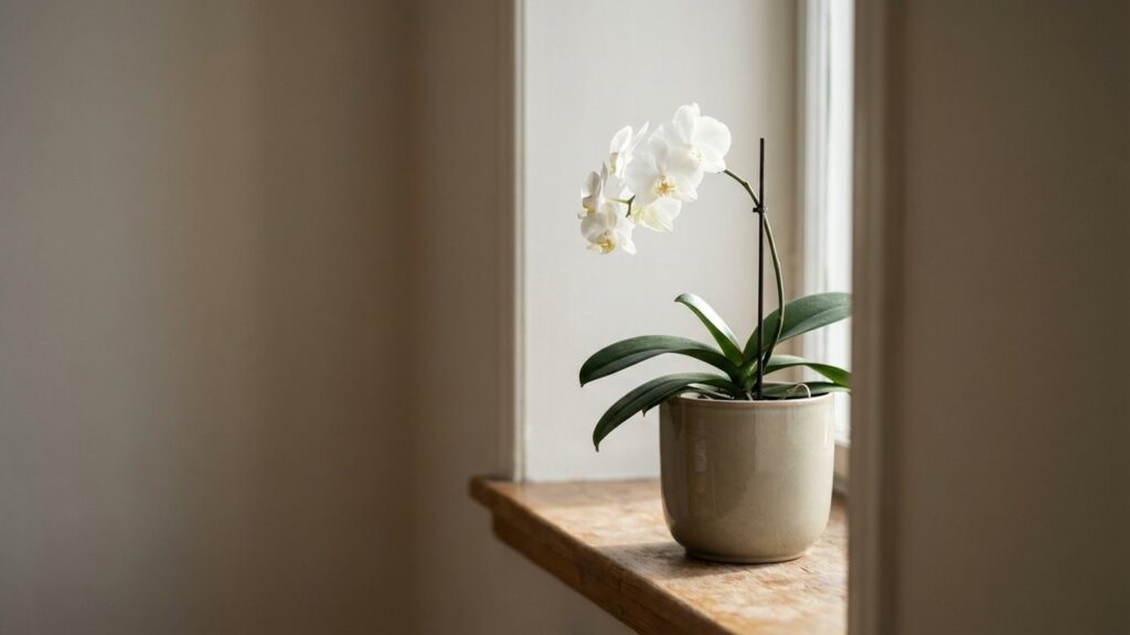 Orchidée en pot avec fleurs blanches près d'une fenêtre