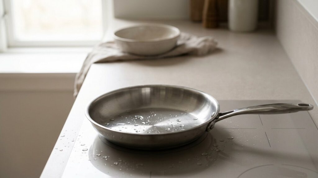 Poêle en inox préchauffée avec gouttes d'eau test
