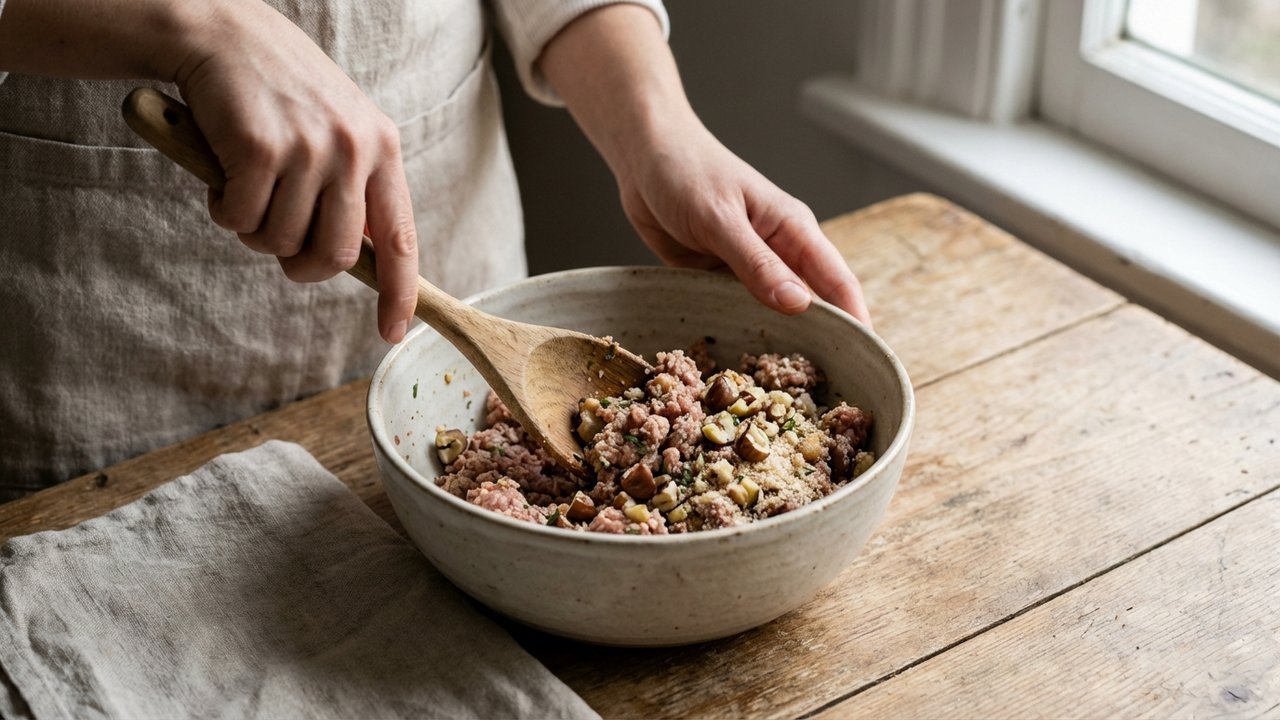 Préparation d'une farce aux marrons pour chapon