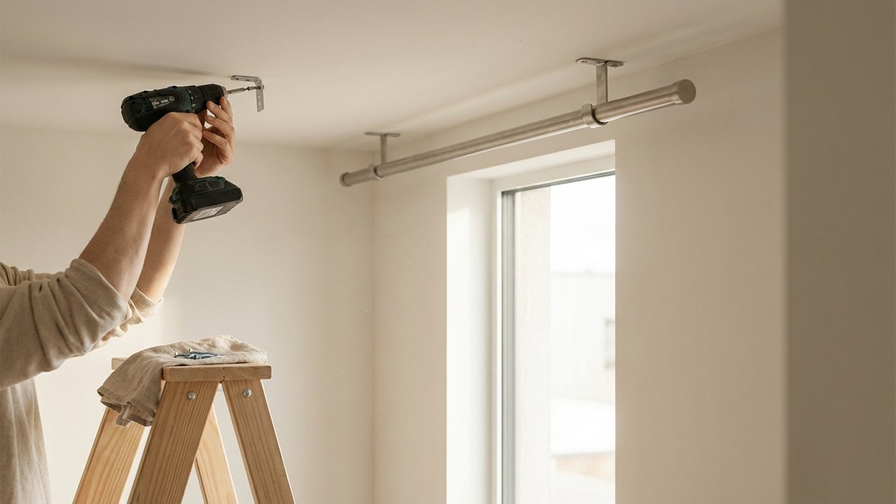 Fixation d'un rail de rideau au plafond avec supports