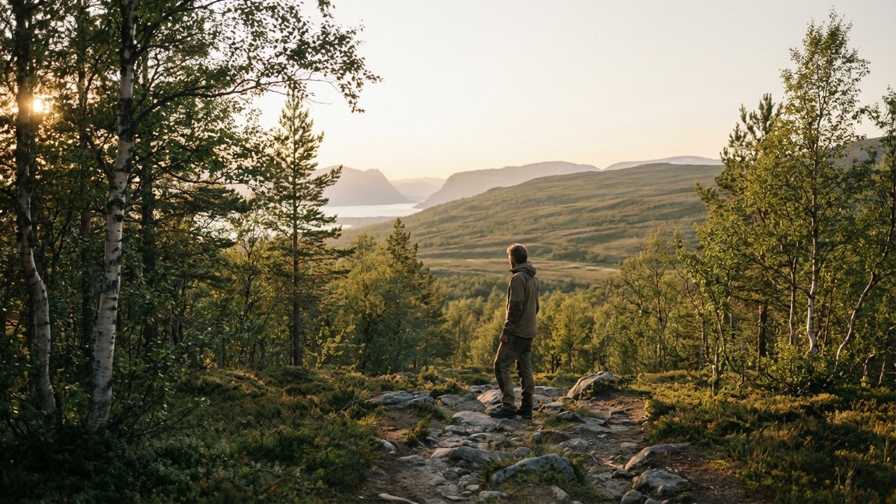 Randonneur marchant sous la lumière dorée du soleil de minuit en Laponie