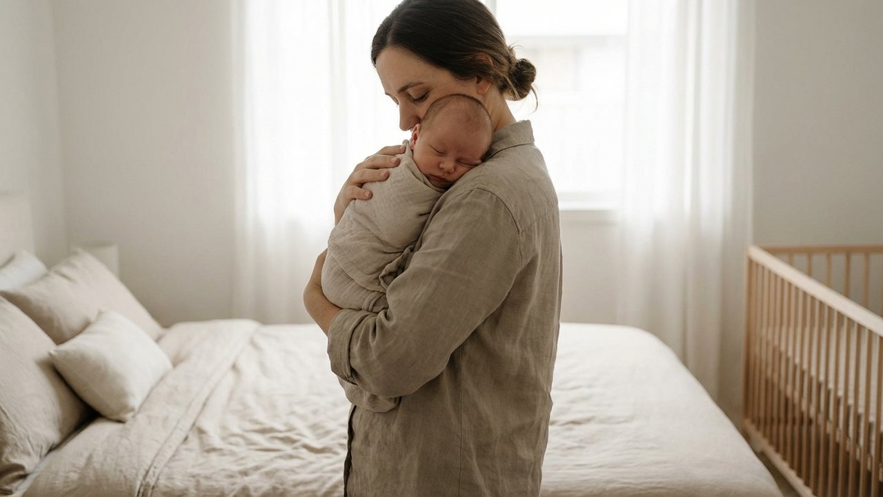 Parent tenant son bébé dans les bras lors d'une routine de sieste