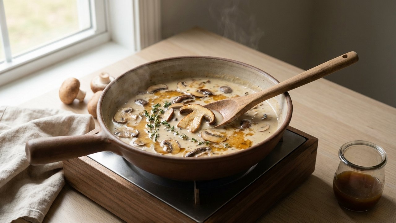 Préparation d'une sauce crémeuse aux champignons pour suprêmes de pintade