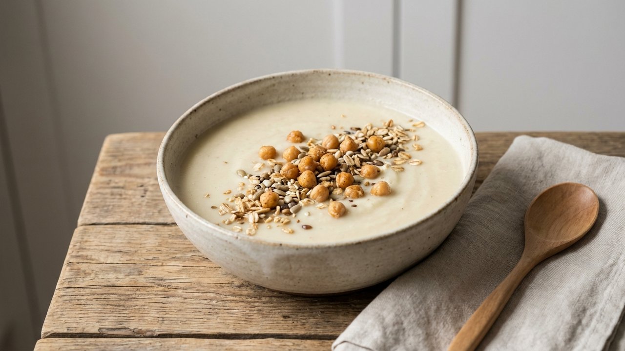 Soupe de chou-fleur avec granola croustillant et graines en topping