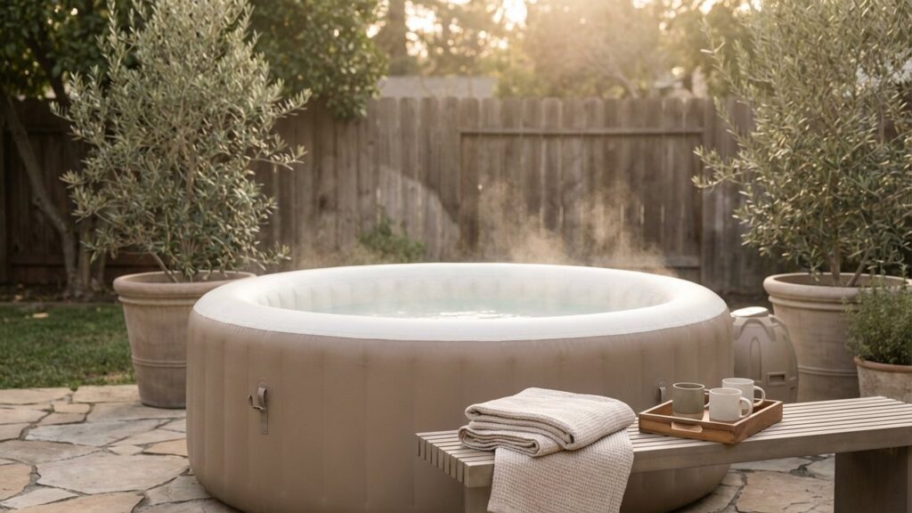 Spa gonflable installé sur une terrasse