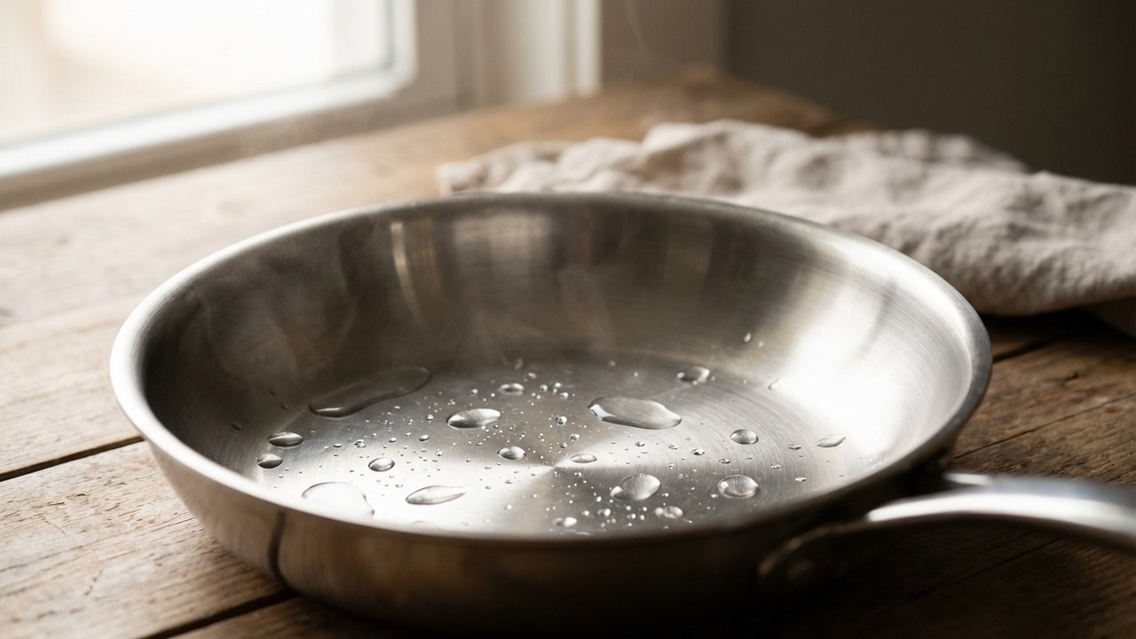 Test de la goutte d'eau dans une poêle en inox chaude