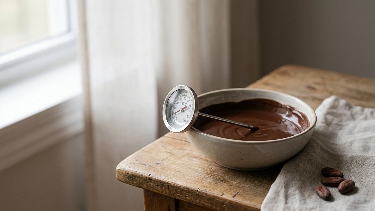 Thermomètre de cuisine mesurant la température du chocolat fondu au bain-marie