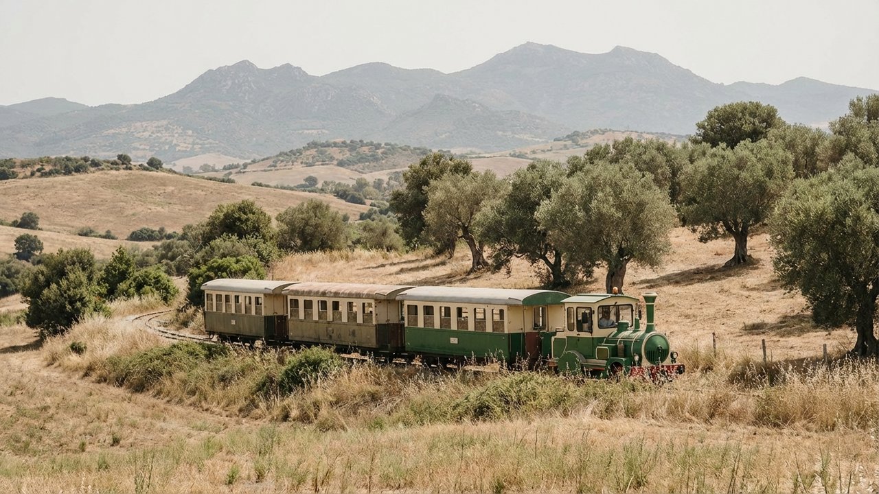 Petit train touristique Trenino Verde traversant la campagne sardes