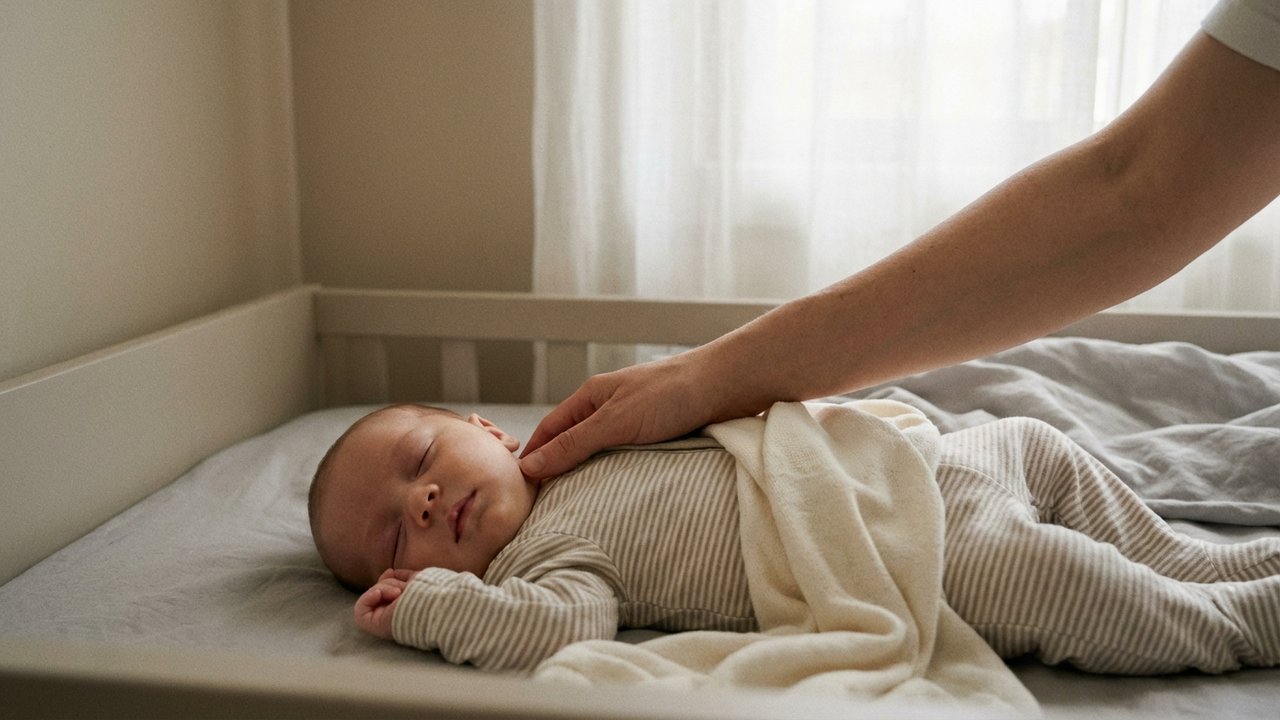 Main de parent vérifiant la température du bébé en posant la main sur sa nuque