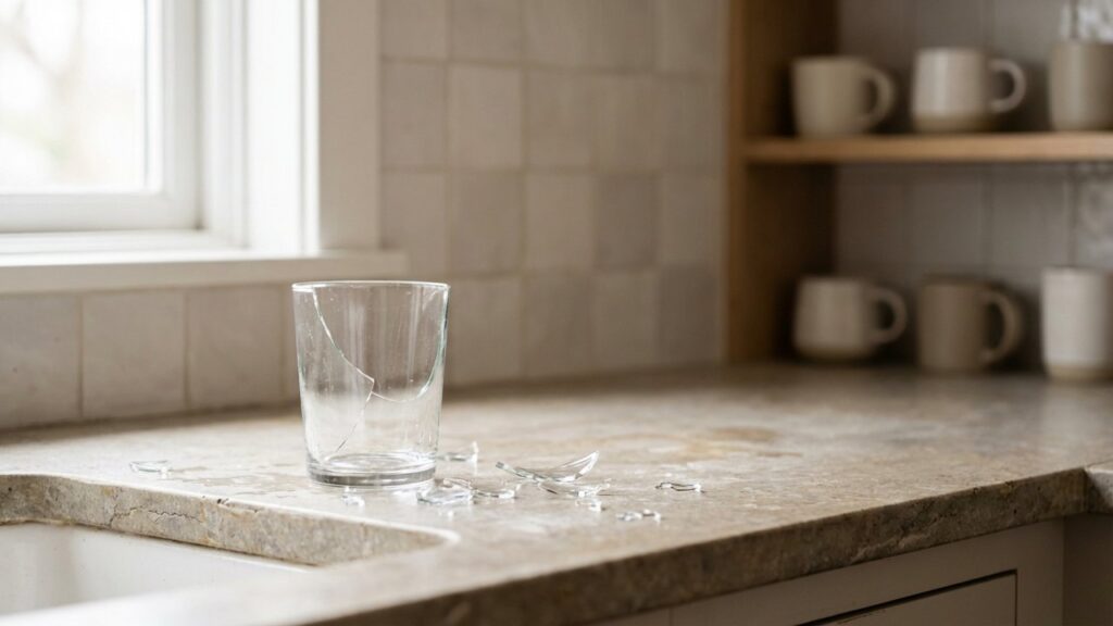 Verre brisé accidentellement sur un plan de travail