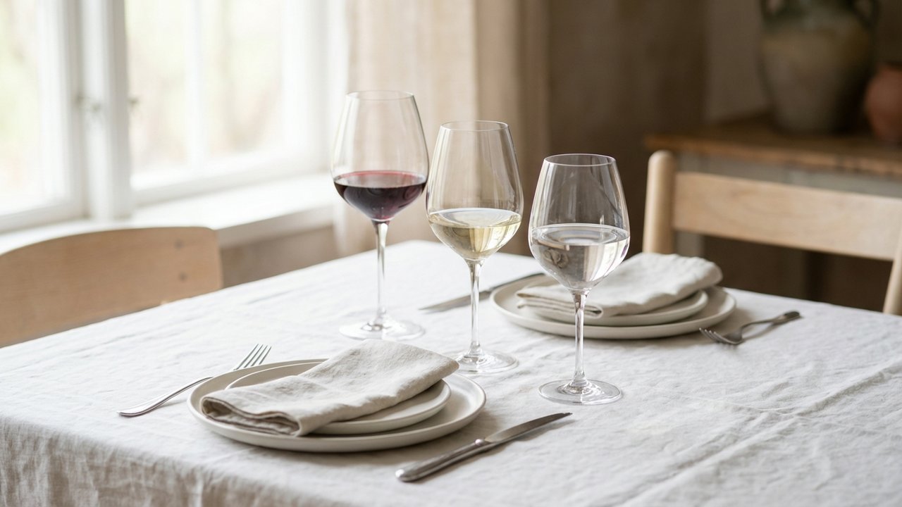 Trois verres alignés en diagonale au-dessus des couverts, style français