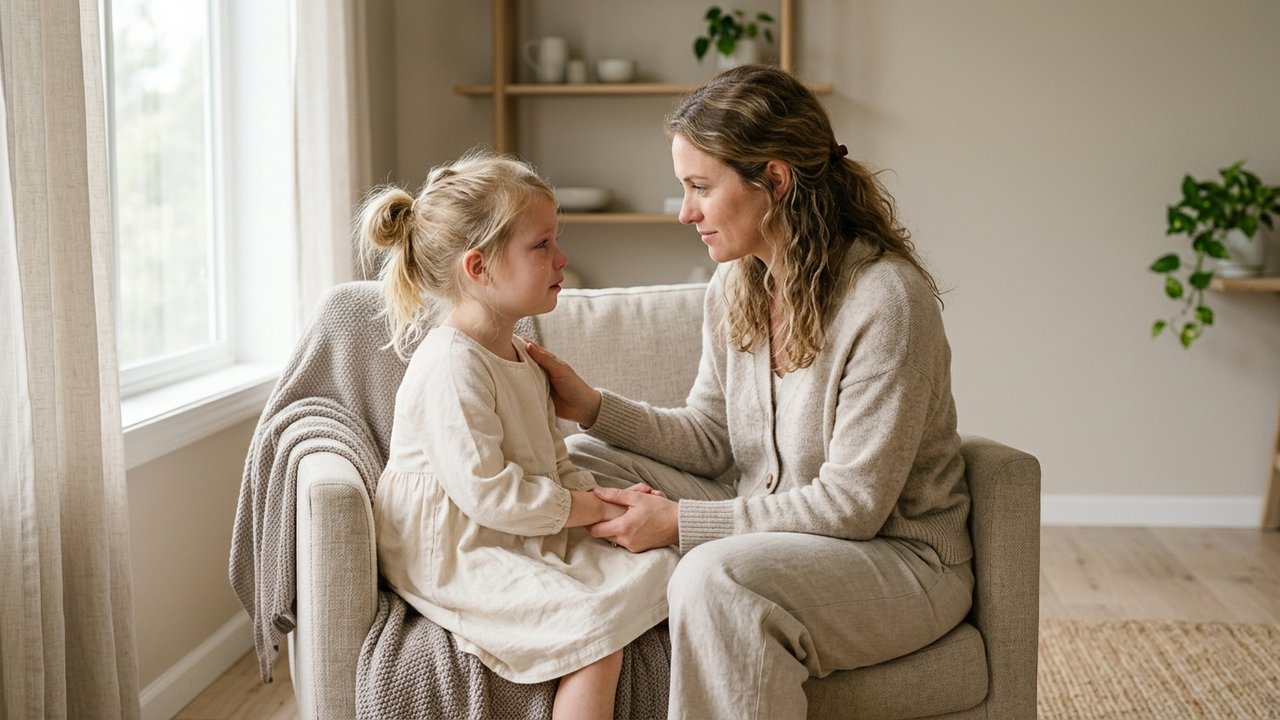 Une mère et son enfant discutant dans un environnement calme et sécurisant