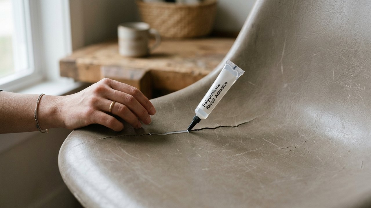 Application de colle spéciale sur chaise en simili cuir endommagée