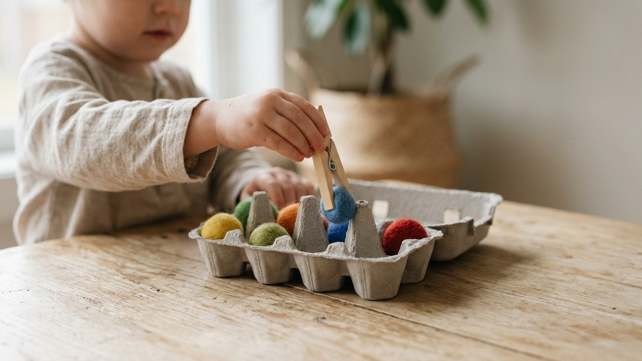 Activité de motricité fine avec boîte alvéolée et pince pour enfant de 3 ans