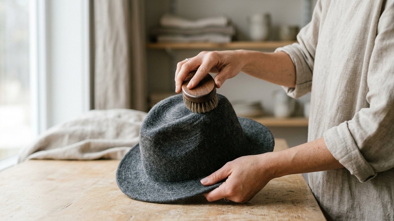 Brossage circulaire d'un chapeau en feutre pour enlever la poussière
