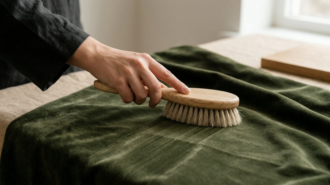 Brossage délicat d'un tissu velours dans le sens du poil